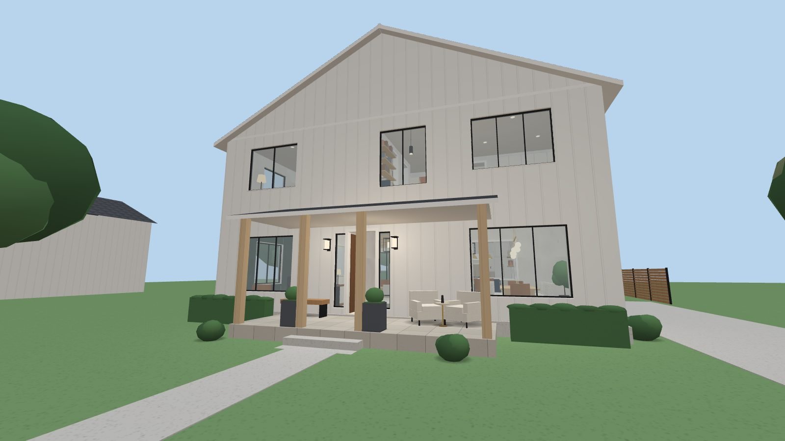 Front of The Linden, a two-storey modern farmhouse with a covered porch, rendered from its floor plans