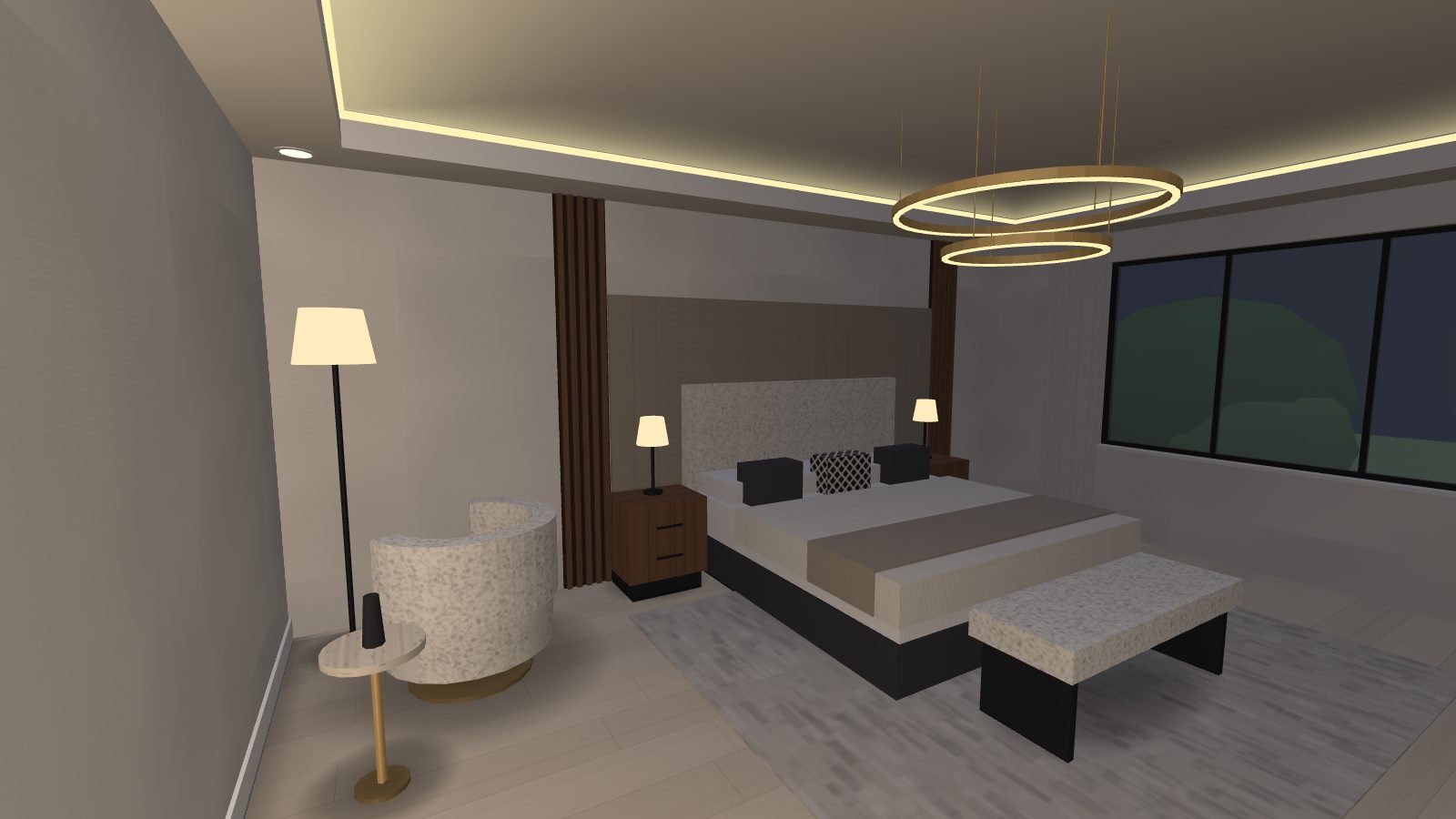 Primary bedroom with a lit ring chandelier