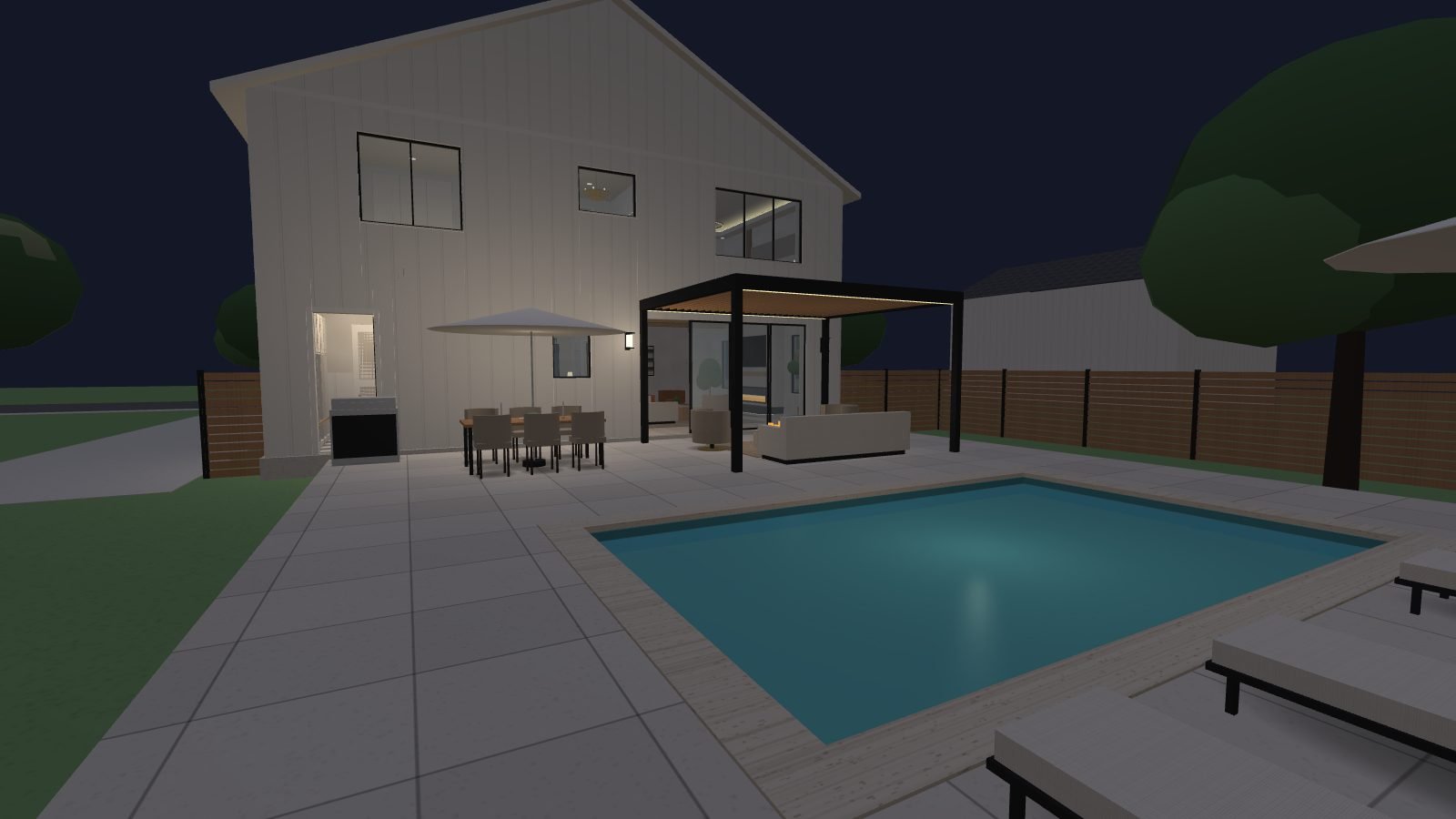 Rear terrace with a pool and pergola in the evening